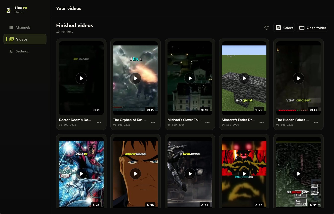 The Shorvo Videos library, showing finished vertical videos as thumbnails with their titles and durations.