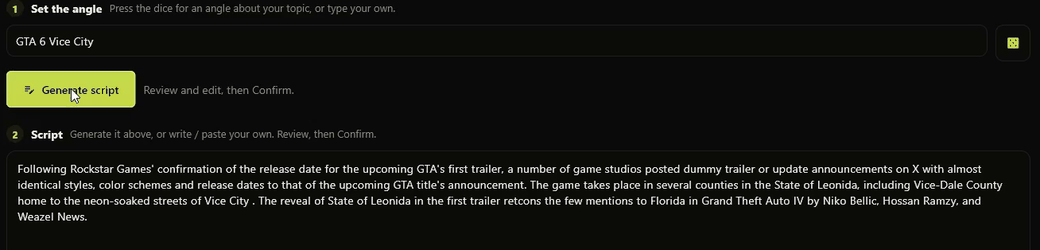 The Shorvo script screen: an angle field reading GTA 6 Vice City, a Generate script button, and a generated script in the box below with a character counter.