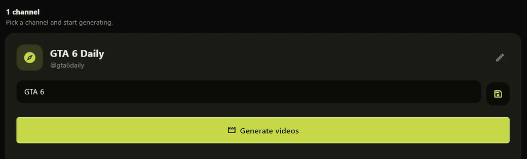 A Shorvo channel called GTA 6 Daily with the topic GTA 6 typed in, above a Generate videos button.